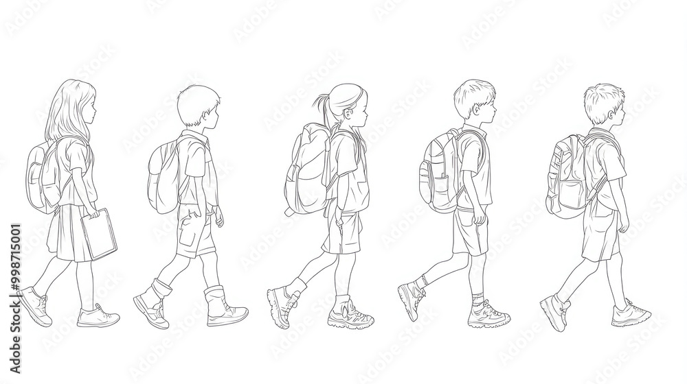 A sketch depicting a group of children walking in a row, each carrying a backpack, emphasizing school life and childhood synchrony with detailed line work and shading. A sketch depicting a group of children walking in a row, each carrying a backpack, emphasizing school life and childhood synchrony with detailed line work and shading.