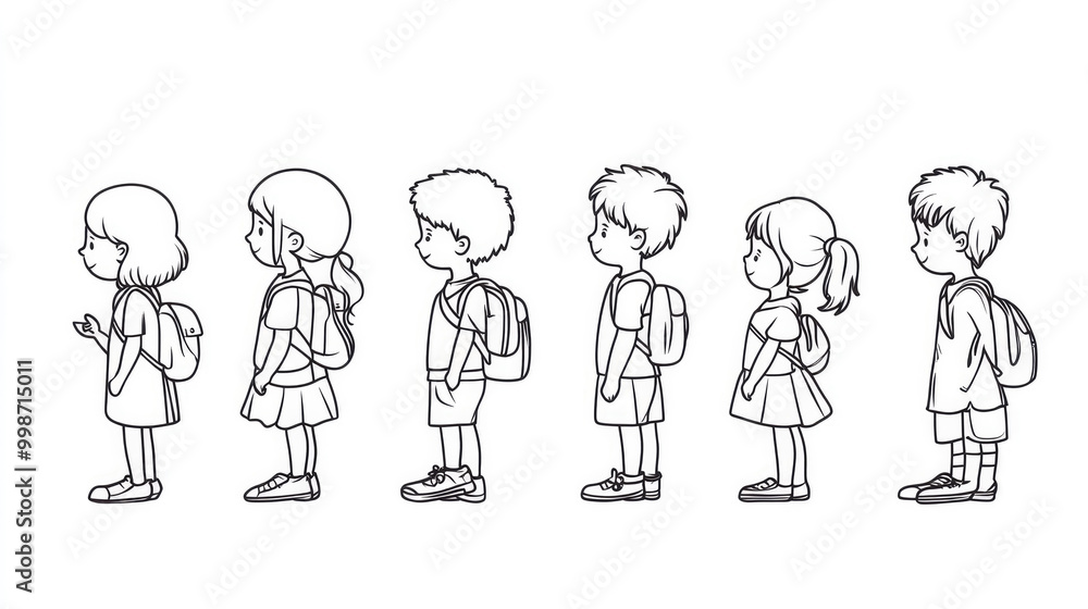 An outline drawing showing seven children standing in a line, each carrying a backpack. This monochromatic illustration represents school routine and childhood unity. An outline drawing showing seven children standing in a line, each carrying a backpack. This monochromatic illustration represents school routine and childhood unity.