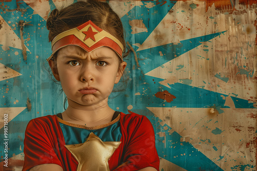 Pop art image of a little girl with crossed arms and a sulky expression on her face. Toddler in a super hero costume having a tantrum with copy space. photo