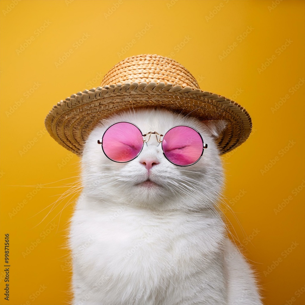 White cat with sunglasses and mini straw hat on yellow background White cat with sunglasses and mini straw hat on yellow background