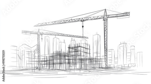 A line drawing depicting a bustling construction site with towering cranes and partially built structures, signifying development and architectural progress in urban areas.