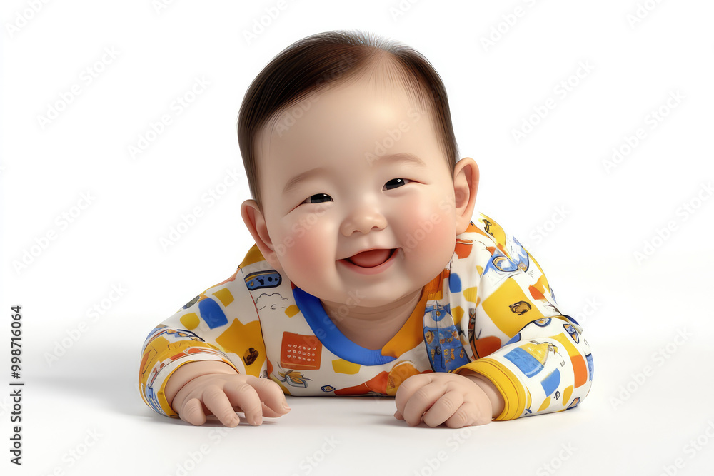 A cute baby lying on its tummy with a joyful smile, clad in a colorful, playful outfit, portraying innocence and happiness in a 3D-rendered digital art style. A cute baby lying on its tummy with a joyful smile, clad in a colorful, playful outfit, portraying innocence and happiness in a 3D-rendered digital art style.
