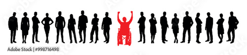 A diverse and confident group of business people poses together in row in black silhouette with disabled businessman in wheelchair raising arms success in red silhouette.