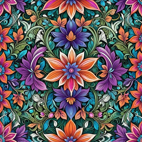 a vibrant, intricate floral pattern with a repeating design of orange, purple, and blue flowers and leaves against a dark green background