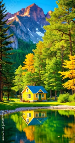 Wallpaper Mural A quaint yellow cabin nestles in a verdant forest, its reflection mirrored in a tranquil pond The cabin is surrounded by a lush expanse of trees, with majestic mountains Torontodigital.ca