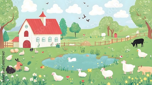 A flat illustration of farm animals like cows, sheep, and horses in the background, with other farmyard creatures scattered around, including chickens, ducks, and dogs.