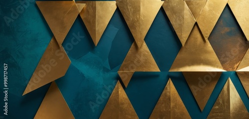 a geometric pattern composed of overlapping triangular shapes in varying shades of gold and blue, creating a visually striking and abstract design photo