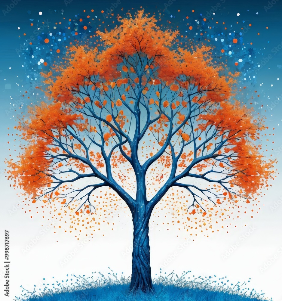 A vibrant digital illustration of a tree with orange leaves against a blue sky, surrounded by white stars. A vibrant digital illustration of a tree with orange leaves against a blue sky, surrounded by white stars.