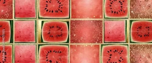 a collage of twelve square photographs, each featuring a close-up view slice of watermelon The photographs are arranged in a grid pattern, with the top photo