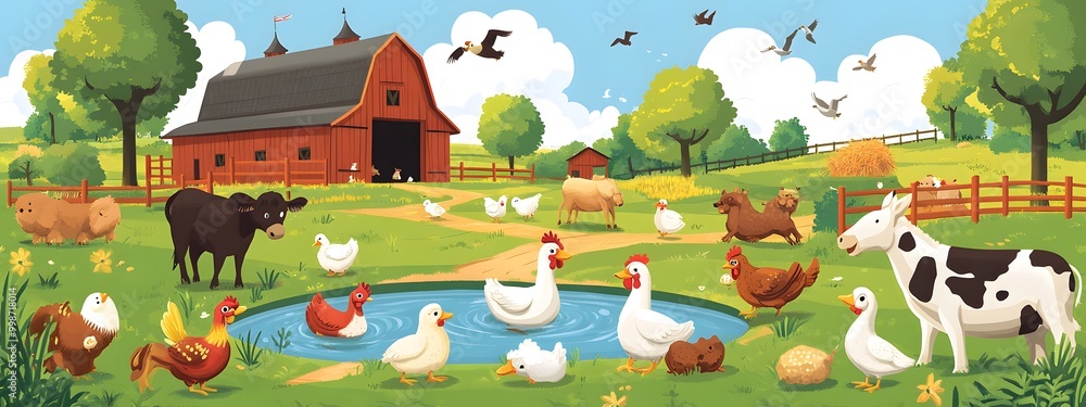 A flat illustration of farm animals like cows, sheep, and horses in the background, with other farmyard creatures scattered around, including chickens, ducks, and dogs. A flat illustration of farm animals like cows, sheep, and horses in the background, with other farmyard creatures scattered around, including chickens, ducks, and dogs.