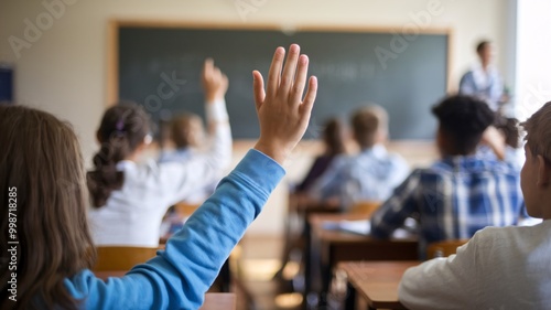 A student eagerly raises their hand to answer a question in a classroom setting. The image depicts a focused learning environment with blurred classmates and a teacher in the background.