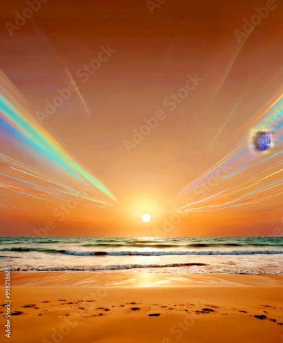 A serene sunset over the ocean, with a rainbow-like effect in the sky, and footprints in the sand photo