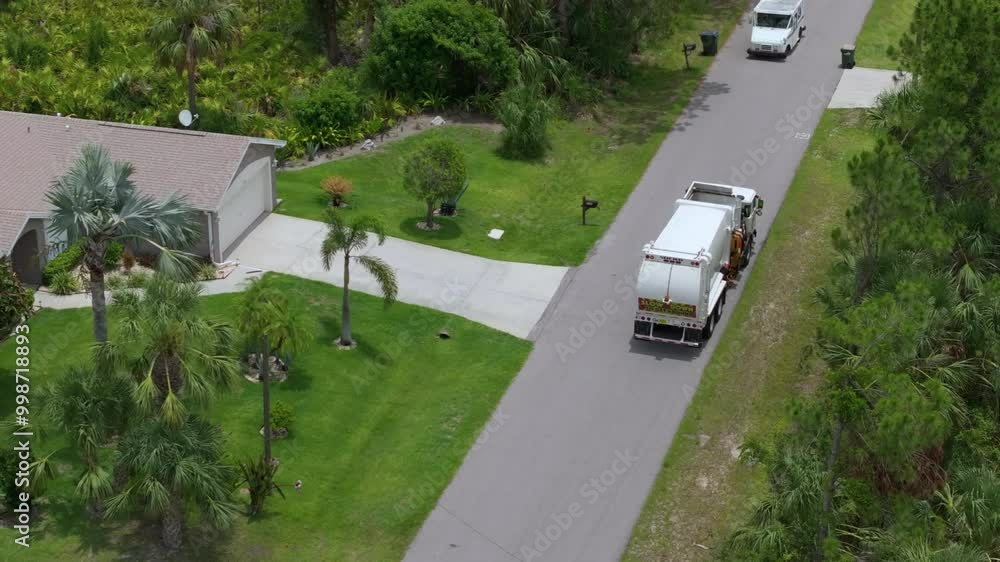 Garbage truck loading trash bin from the curb of American neighborhood. Garbage truck loading trash bin from the curb of American neighborhood.