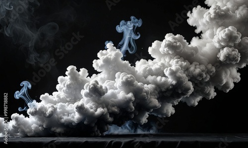 a dramatic scene of white smoke billowing upwards, creating an illusion cloud formation against a black background photo