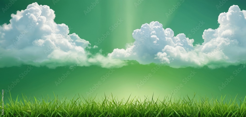 Obraz premium A serene landscape with a lush green field, a clear blue sky, and fluffy white clouds