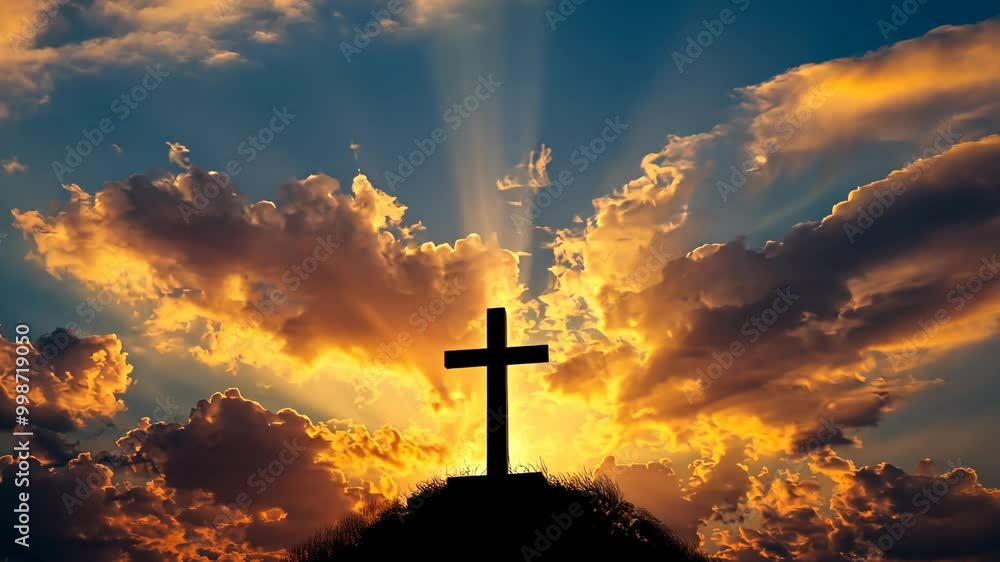 A silhouette of a cross stands tall against a fiery sunset sky, with rays of light shining through the clouds