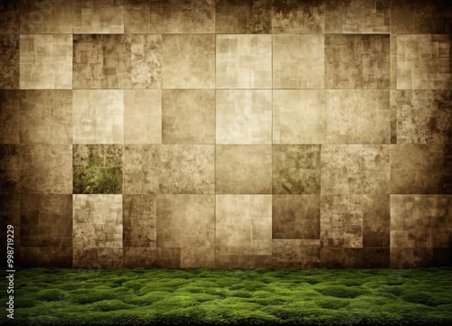 a textured wall with a grid-like pattern of square tiles, overlaid with a patch of green moss photo