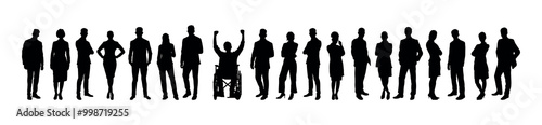 Disabled man in wheelchair with large diverse group of people standing in row silhouettes.