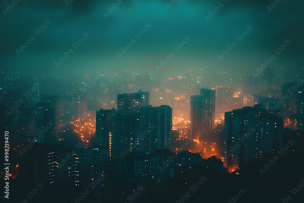 Cityscape with Foggy Night and Illuminated Windows Cityscape with Foggy Night and Illuminated Windows