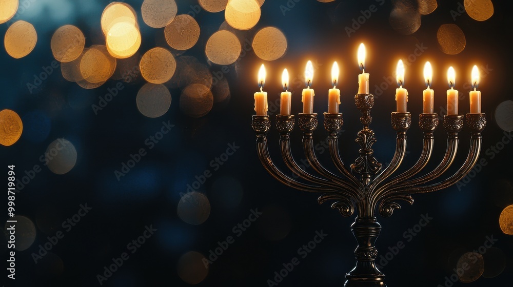 Menorah with Candlelit Bokeh in Darkness Menorah with Candlelit Bokeh in Darkness