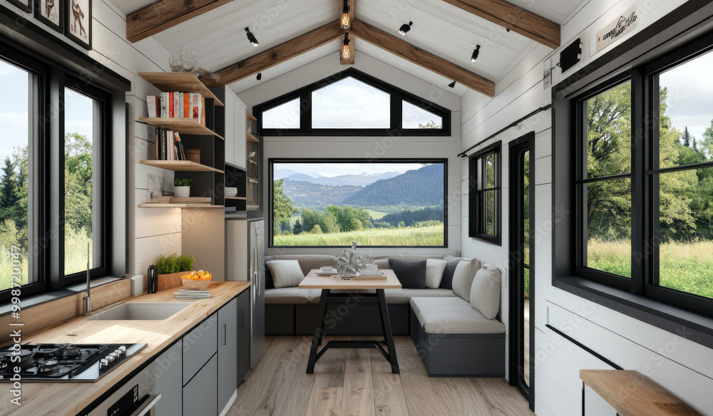 Naklejka premium A tiny house interior with an open-plan layout featuring a kitchen, dining table, and sofa in the middle of the room