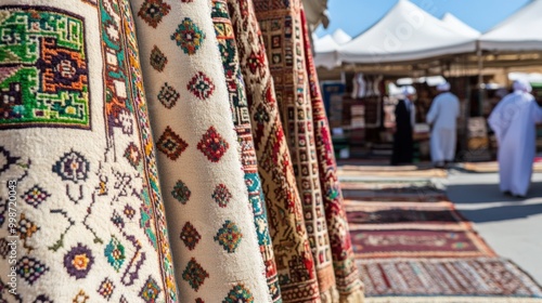 Colorful turkmen carpets displayed at local bazaar for cultural appreciation