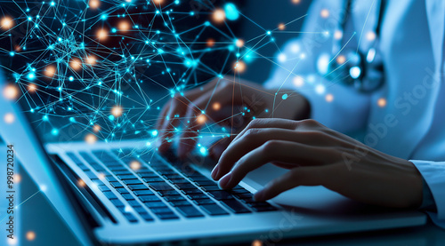 Wallpaper Mural Hands typing on a laptop are captured up close, against the backdrop of illuminated digital connections and AI icons. A white coat suggests a medical setting, highlighting a professional atmosphere.

 Torontodigital.ca