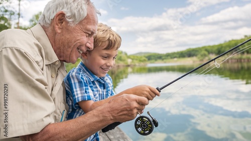 A heartwarming scene of an older man and a young boy fishing together at sunset. The image captures the joy of intergenerational bonding as they share a peaceful moment by the water. photo