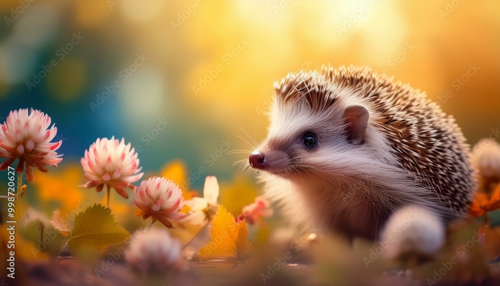 Beautiful autumnal background with a cute hedgehog in the garden, among colorful flowers and leaves. Warm bokeh sunset light. Beautiful autumnal background with a cute hedgehog in the garden, among colorful flowers and leaves. Warm bokeh sunset light.