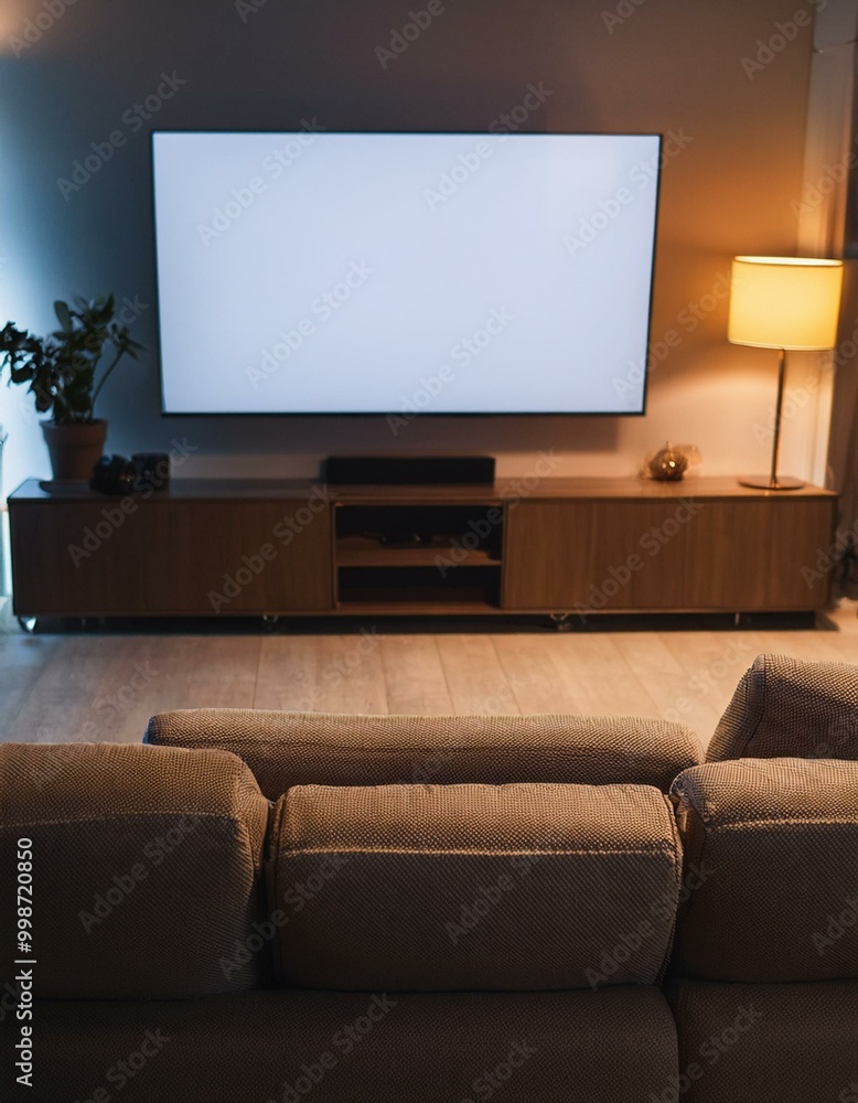 Empty comfortable couch in front of a big plasma tv in the room, ready for movie watching. Empty comfortable couch in front of a big plasma tv in the room, ready for movie watching.
