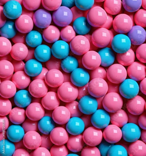 A vibrant arrangement of multicolored plastic balls, predominantly pink and blue, creates a playful and visually appealing pattern