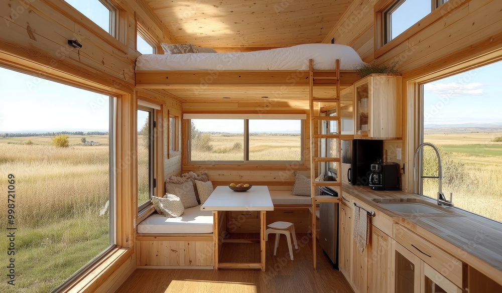 Naklejka premium A tiny house interior with a kitchen, dining table, and sofa area in the foreground, one large window on each side of the room overlooking an open field.