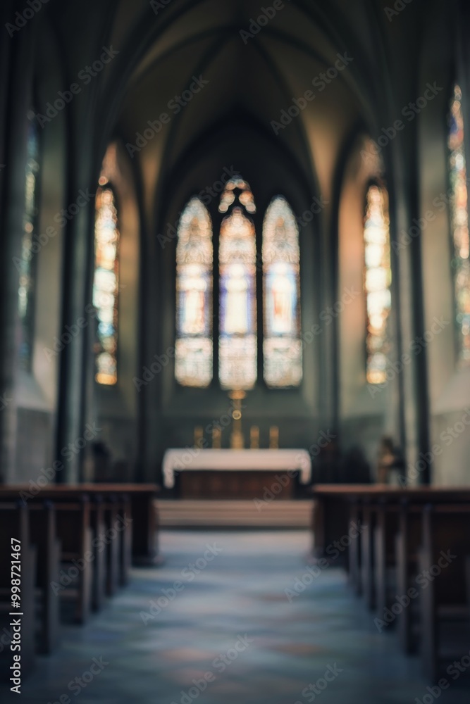 A dreamy, blurred background of an empty church interior, focusing on the altar and stained glass windows A dreamy, blurred background of an empty church interior, focusing on the altar and stained glass windows