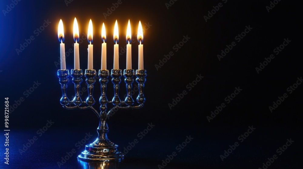 Menorah with Candlelight on Dark Blue Background Menorah with Candlelight on Dark Blue Background