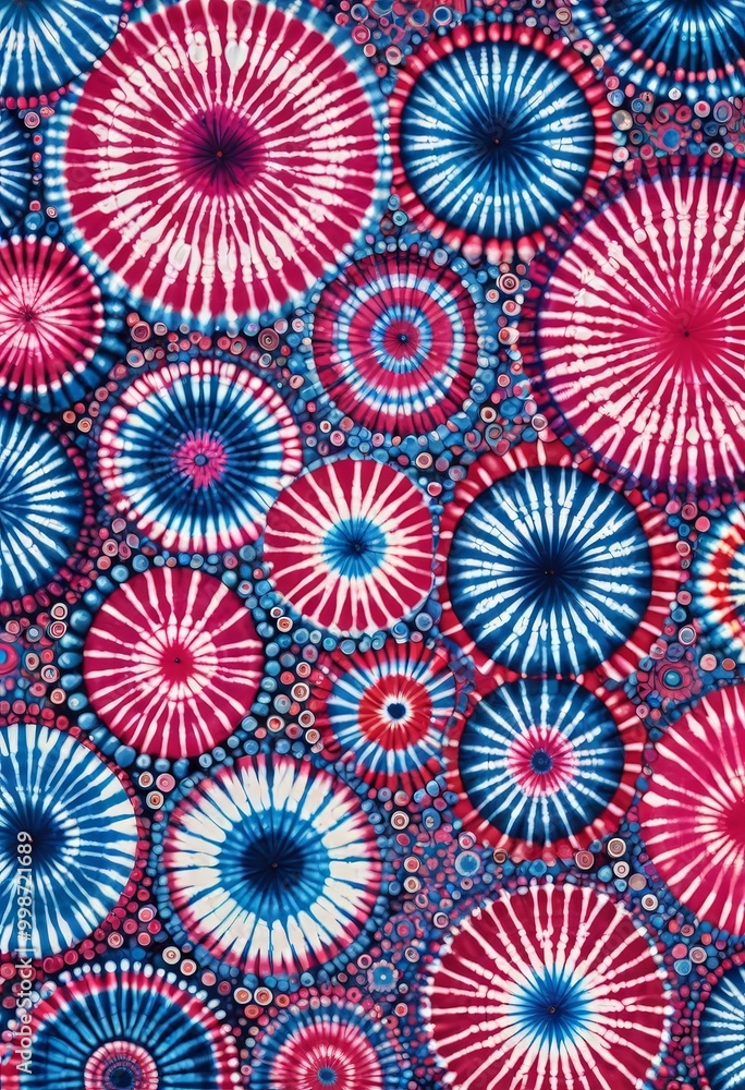 a vibrant and intricate pattern of circular designs in red, white, and blue, reminiscent of a tie-dye fabric. a vibrant and intricate pattern of circular designs in red, white, and blue, reminiscent of a tie-dye fabric.