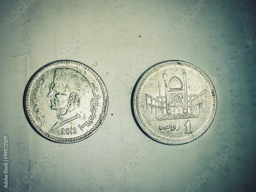 Two Pakistani 1 Rupee Coins Detailed Close Up of Authentic Currency