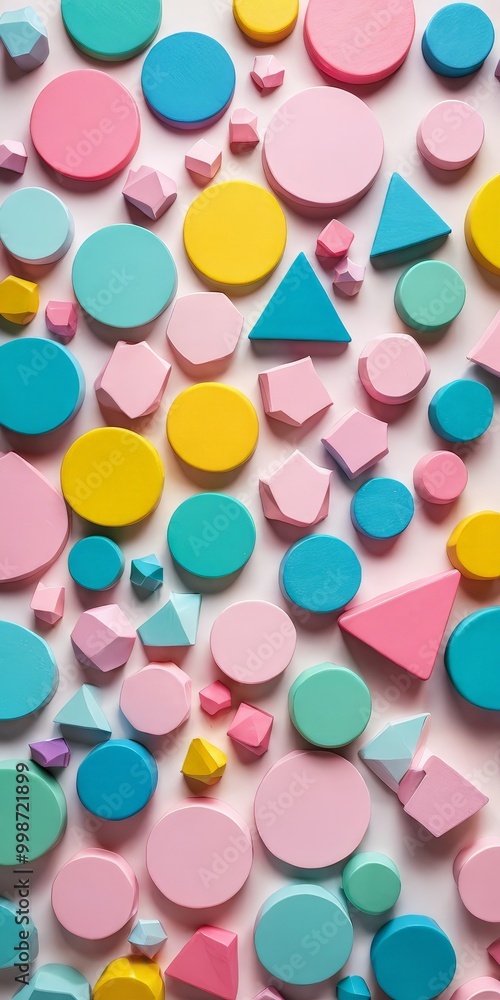 A vibrant arrangement of various geometric shapes in pastel colors, including circles, triangles, and squares, against a light pink background A vibrant arrangement of various geometric shapes in pastel colors, including circles, triangles, and squares, against a light pink background
