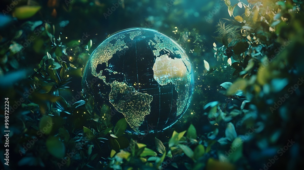 A digital globe surrounded by futuristic technology and greenery, representing global environmental protection in the future. A digital globe surrounded by futuristic technology and greenery, representing global environmental protection in the future.