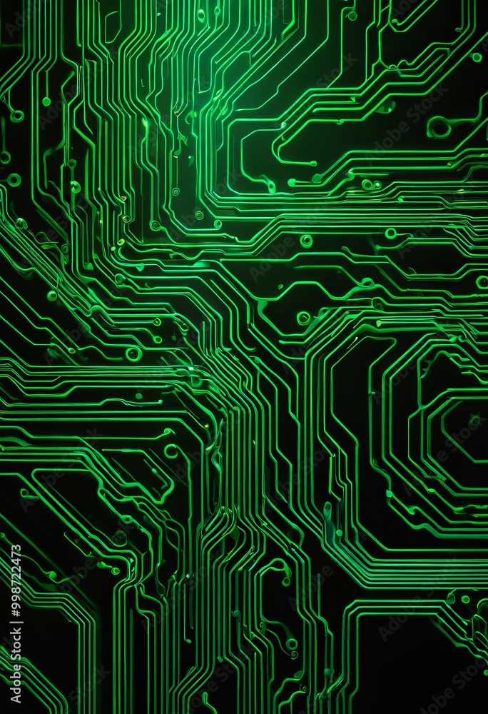 a close-up view circuit board, with a complex network of green and black lines and traces a close-up view circuit board, with a complex network of green and black lines and traces