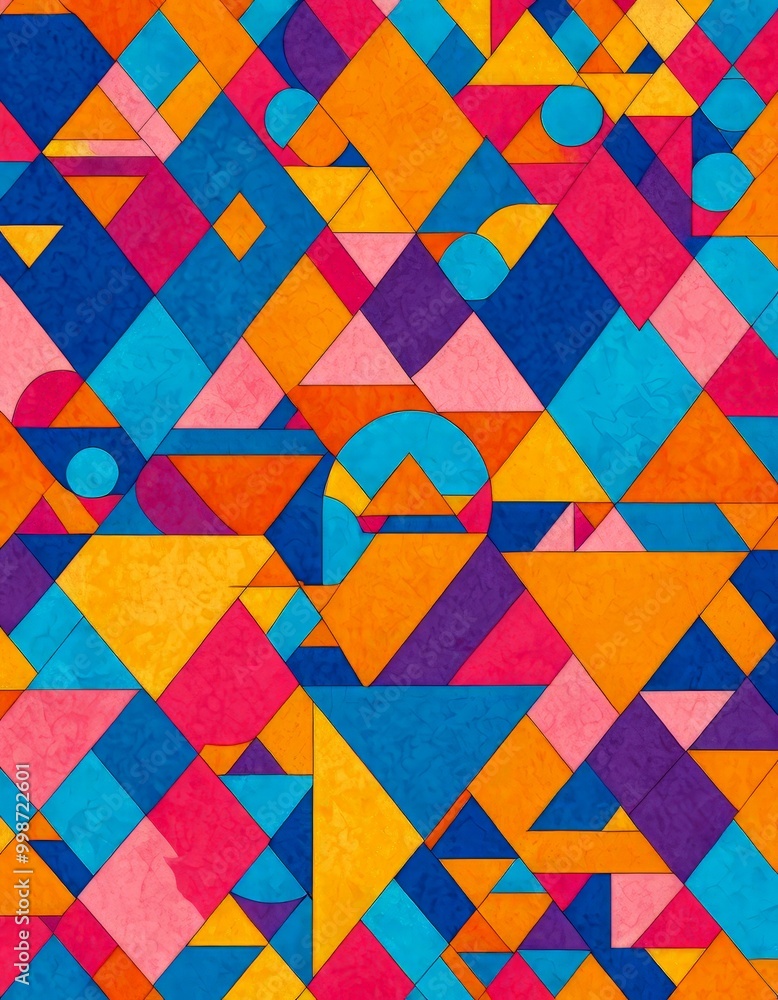 a vibrant abstract pattern composed of various geometric shapes, predominantly triangles and rectangles, in a range of bright colors including blue, orange, pink, and yellow a vibrant abstract pattern composed of various geometric shapes, predominantly triangles and rectangles, in a range of bright colors including blue, orange, pink, and yellow