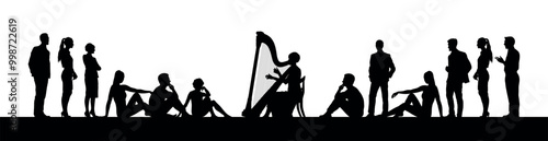 Young woman playing harp in public park outdoor vector silhouette. Female harpist performing music on street in park outdoor black silhouettes. 