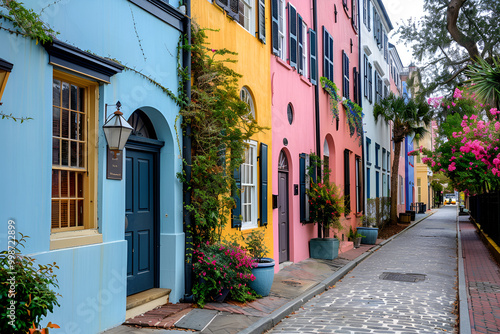  Bright, yellow colored houses surround the bricks encased on the wet floor. Flowers adorn the windows of the yellow, A street of beautiful multi-coloured houses , colorful houses buildings