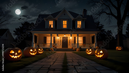 Halloween pumpkins placed in front of a house at night photo