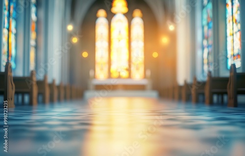A dreamy, blurred background of an empty church interior, focusing on the altar and stained glass windows