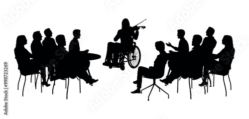 Female violist on wheelchair playing violin in front of audience a group people silhouettes.