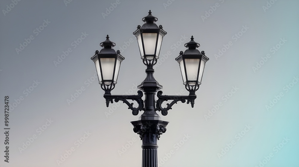 Ornate Black Street Lamp with Three Lights Against a Cloudy Sky Ornate Black Street Lamp with Three Lights Against a Cloudy Sky