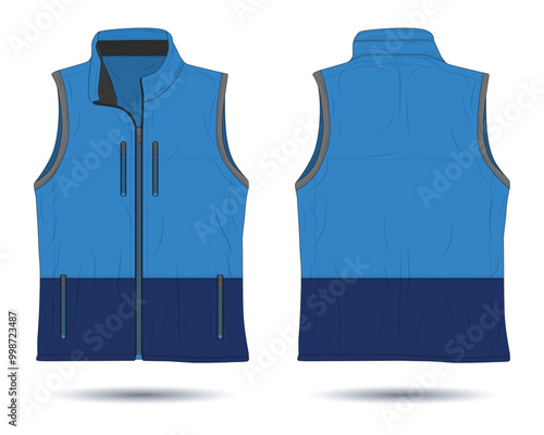 Modern blue zipper vest mockup front and back view