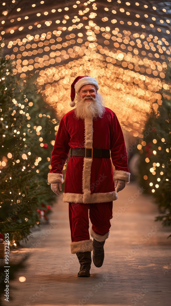 Obraz premium A joyful Santa Claus walks confidently through festive setting adorned with twinkling lights and Christmas trees, embodying spirit of holiday season