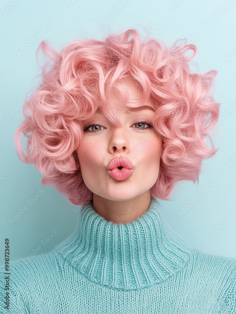 Playful and chic pastel pink-haired woman in a blue turtleneck, making a fun, pouty expression against a pastel blue background. Playful and chic pastel pink-haired woman in a blue turtleneck, making a fun, pouty expression against a pastel blue background.