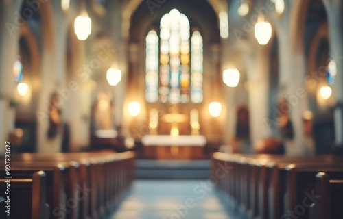 A dreamy, blurred background of an empty church interior, focusing on the altar and stained glass windows